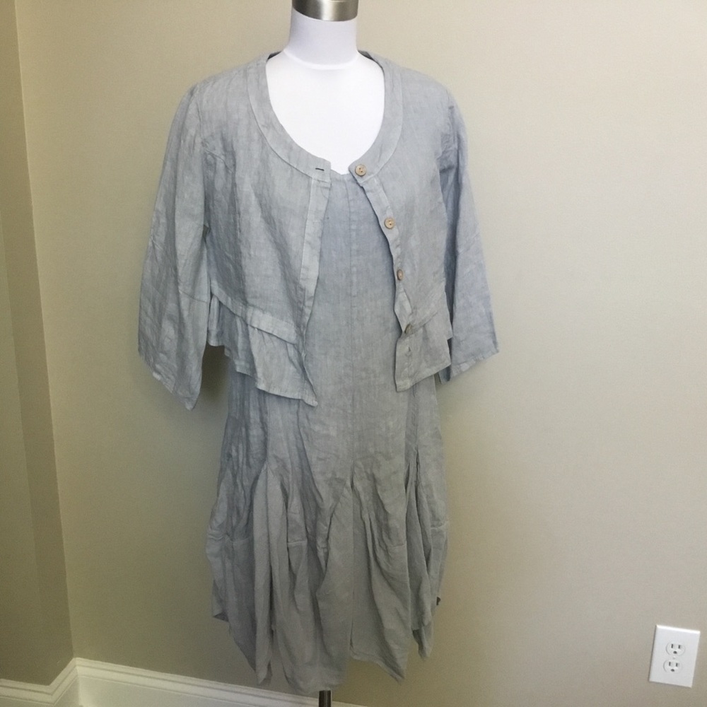 LIN BLANC NATURE gray linen dress & jacket 44 M L